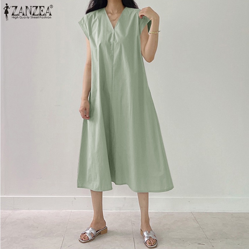 Zanzea Đầm Chữ A Tay Ngắn Cổ Chữ V Thời Trang Sành Điệu Cho Nữ