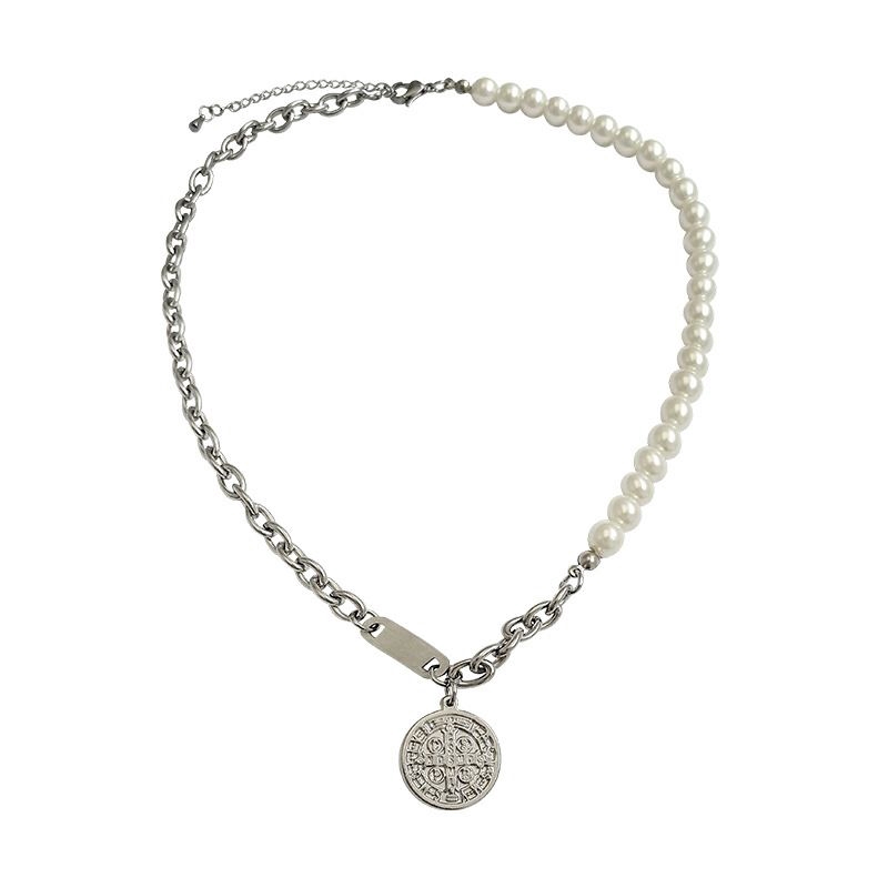 Dây chuyền phối hạt ngọc tròn phong cách hip hop cá tính bằng thép titan