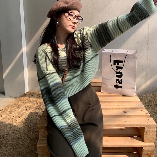 Áo len ZHELIHANGFEI dáng rộng tay dài họa tiết sọc dễ phối đồ thời trang