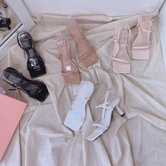 Sandal mũi vuông quai mảnh xéo eo gót 6p giaynu99