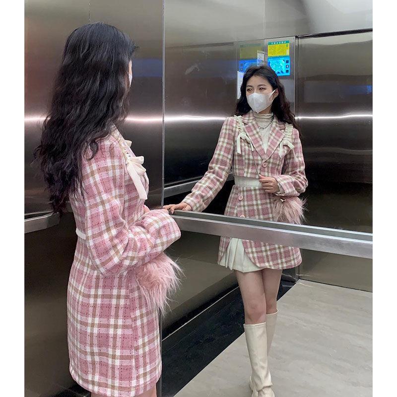 Set Áo Khoác Vest Kẻ Sọc Caro Hồng + Chân Váy Len Xếp Ly Thời Trang Cho Nữ