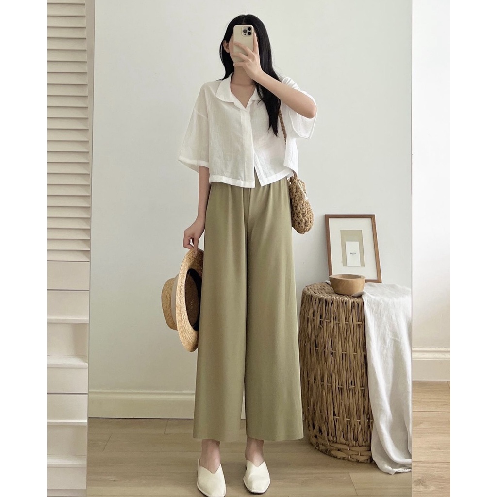Áo sơ mi croptop tay ngắn chất đũi, mềm mại, phong cách ullzang Hàn Quốc, QUYNHANHPUKA