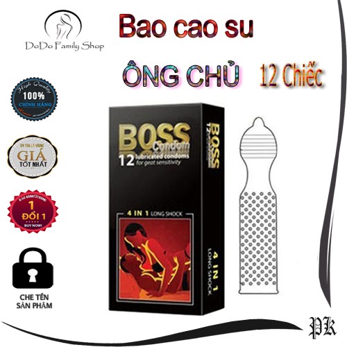 Làm Ông Chủ Trên Giường Ngủ Bao cao su BOSS 4in1 Mỏng, Kéo dài thời gian, Gân, Gai 12 chiếc