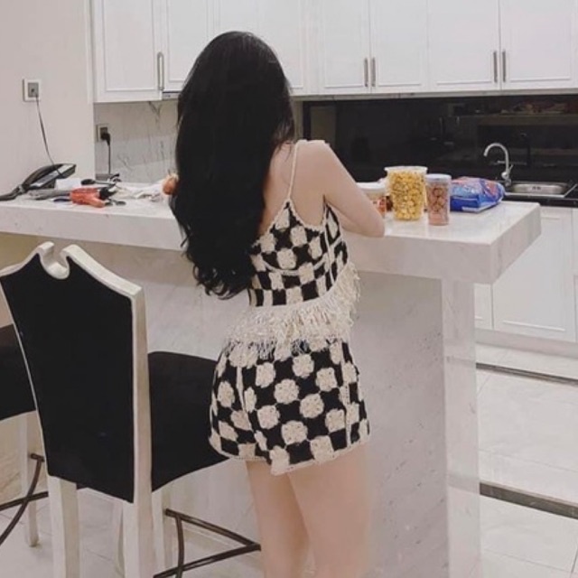 Set áo quần ren caro thêu đi biển hàng đẹp