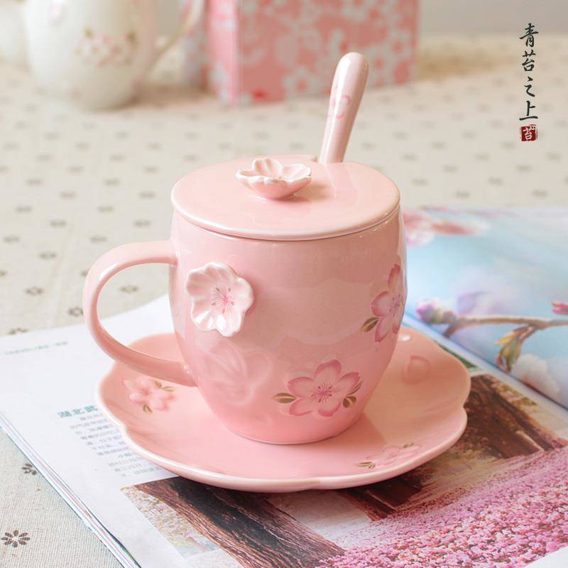 Cốc Sứ Uống Cà Phê Kèm Nắp Và Muỗng Họa Tiết Hoa Anh Đào Phong Cách Nhật Bản Sáng Tạo Độc Đáo Dành Cho Bạn Nữ