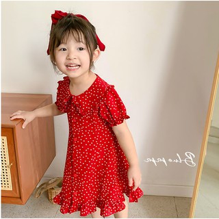 Váy bé gái chấm bi đỏ dễ thương, đầm bé gái chất vải lụa MiniShop cho bé từ 1 đến 6 tuổi