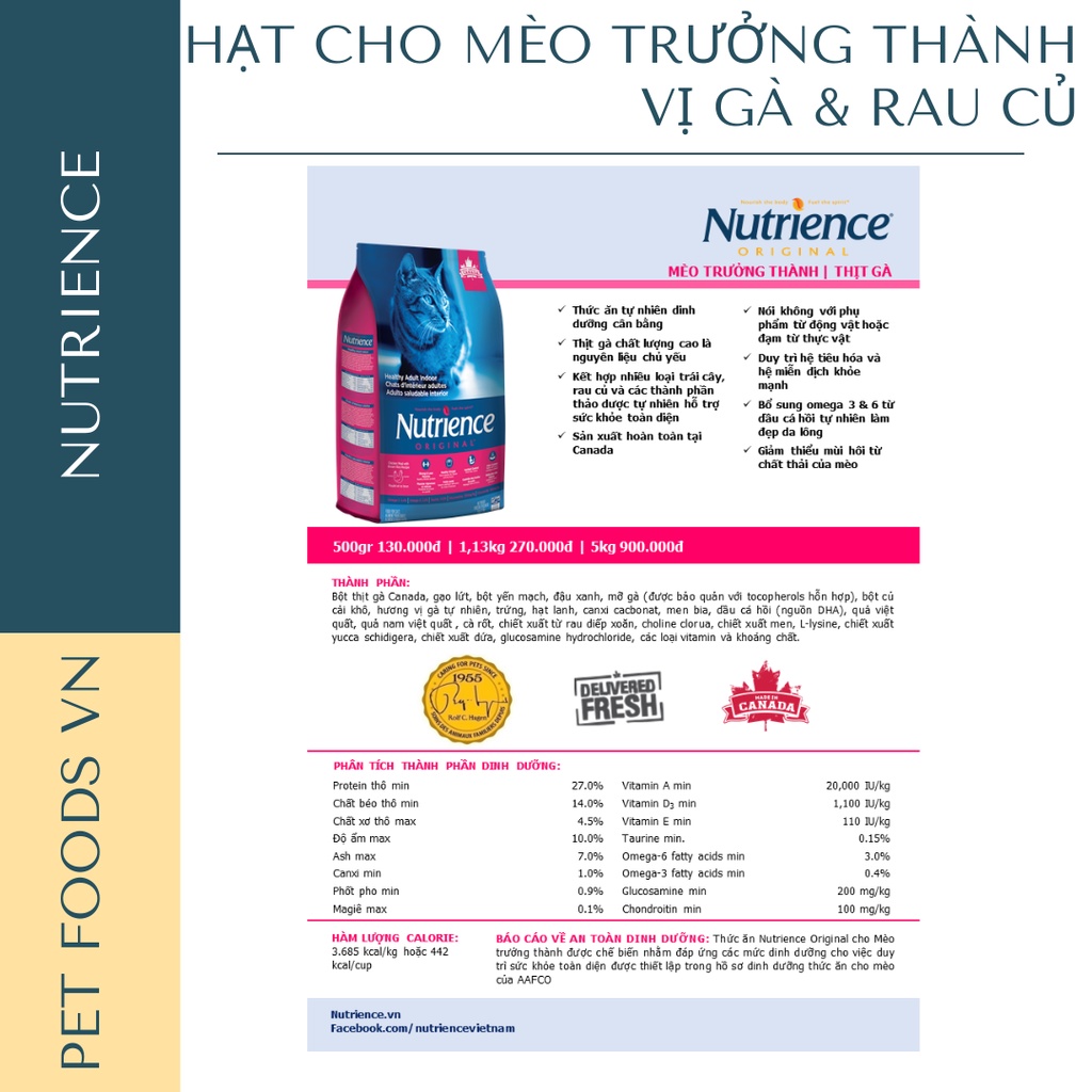 Hạt cho mèo trưởng thành NUTRIENCE Original Cat 5kg vị Gà