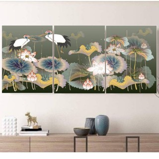 Bộ 3 Tấm Tranh treo tường hoa sen cò trắng trang trí nhà cửa phòng phòng khách ngủ cầu thang 3060010