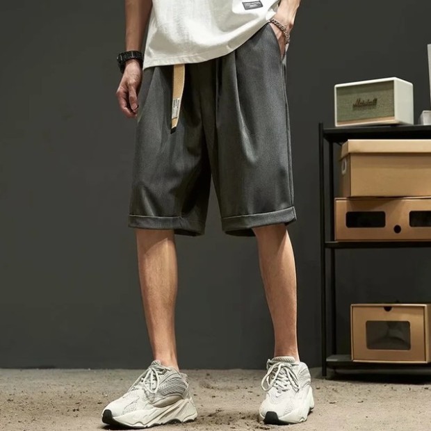 Triple A💕Shorts men's summer thin section Hong Kong style Japanese ice silk drape middle pants boys solid color wild curled casual five-point pants