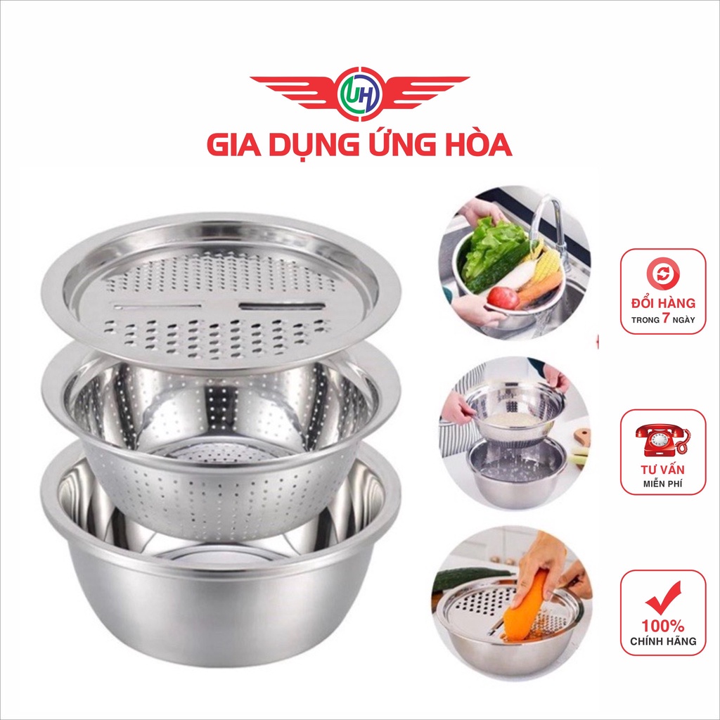 Bộ Nạo Rau Củ Quả Đa Năng Inox 3 in 1 - Bộ Rổ Nạo Củ Quả Kèm Chậu- gia dụng