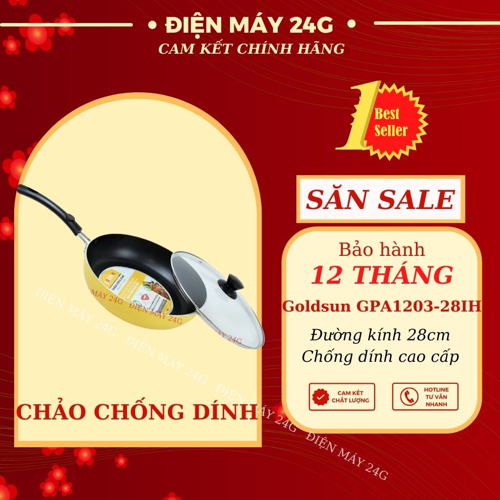 chảo chống dính bếp từ GOLDSUN 28CM chất liệu nhôm bền đẹp tay cầm bọc nhựa cách nhiệt nắp đậy thủy tinh