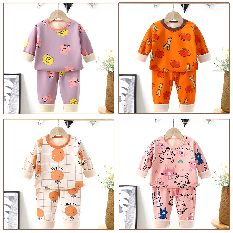 Bộ đồ lót mặc ở nhà có đệm nhung ấm áp tay dài 100-160CM cho bé