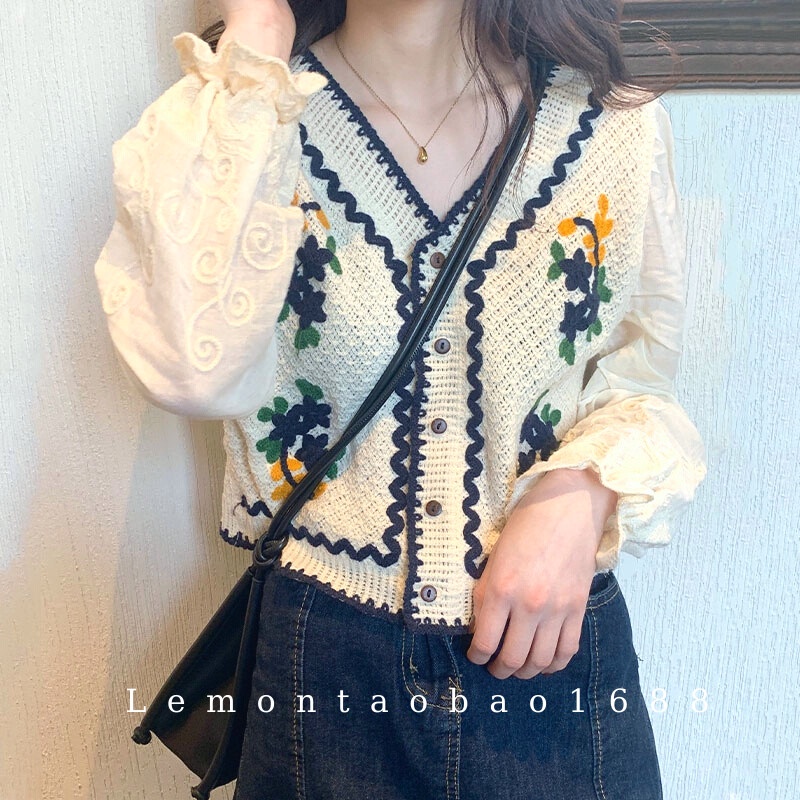 [ SẴN ] Áo Gile len móc thêu hoa, dài tay vintage Lemontaobao1688