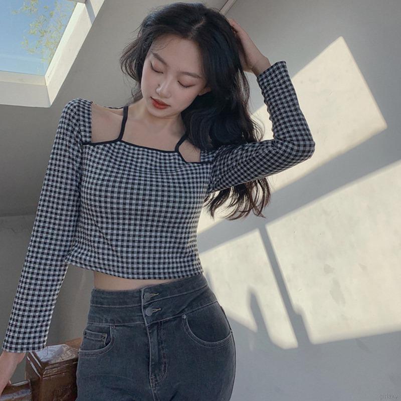 Áo Lửng Tay Dài Trễ Vai Họa Tiết Ca Rô Gợi Cảm Cho Nữ | BigBuy360 - bigbuy360.vn