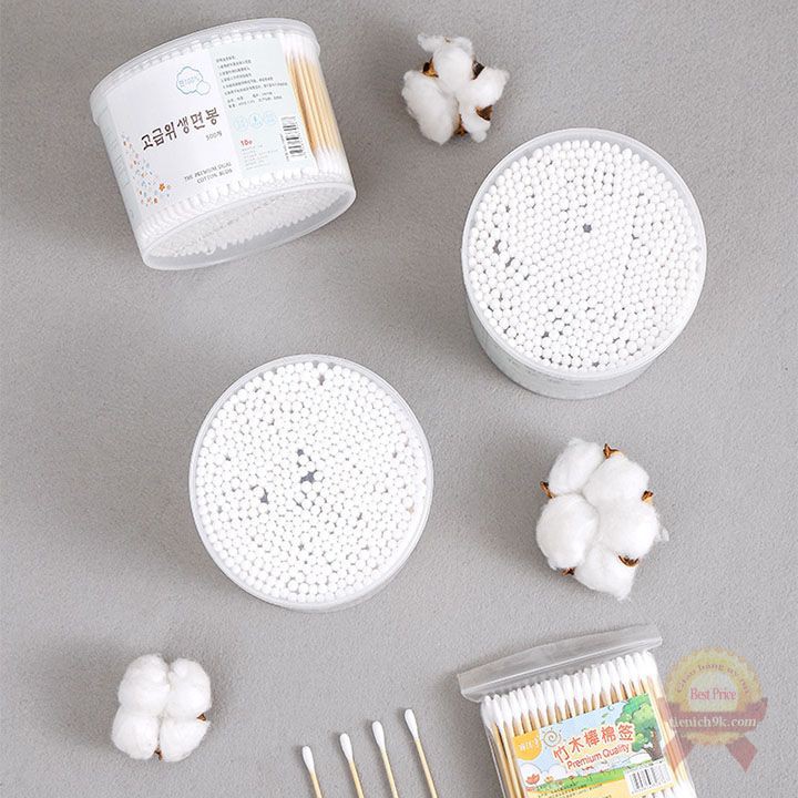 Set Hộp 500 bông ngoáy tai gỗ Hàn Quốc 2 đầu tròn 100% cotton