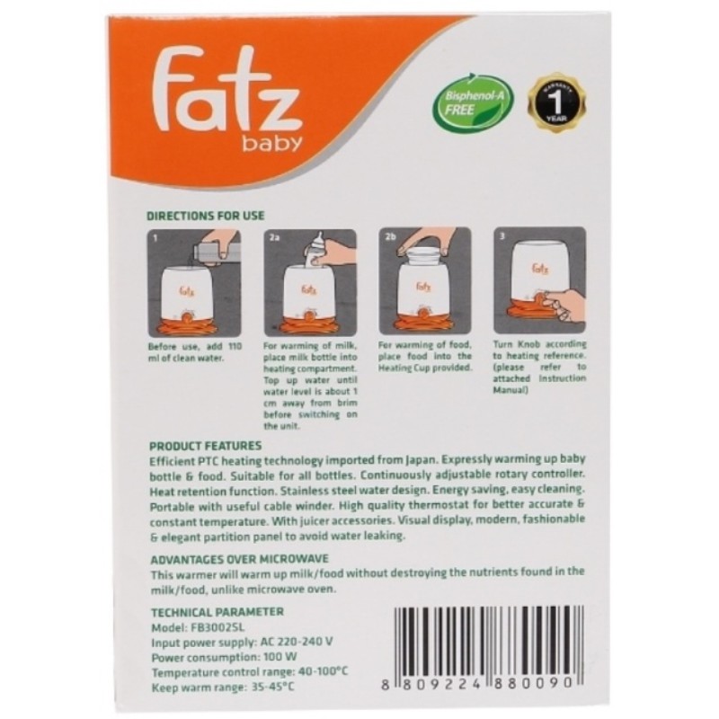 Máy hâm sữa và thức ăn 4 chức năng Fatzbaby FB3002SL - Fatz Mono 2