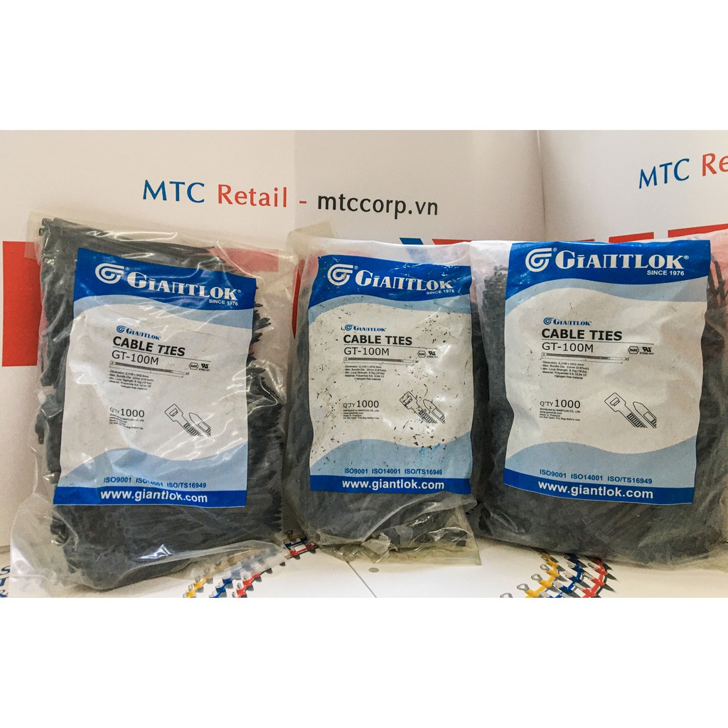 Túi 1000 Dây thít, dây rút nhựa màu đen 100×2.5mm cao cấp GT100MB nhập khẩu Giantlok-Thái Lan