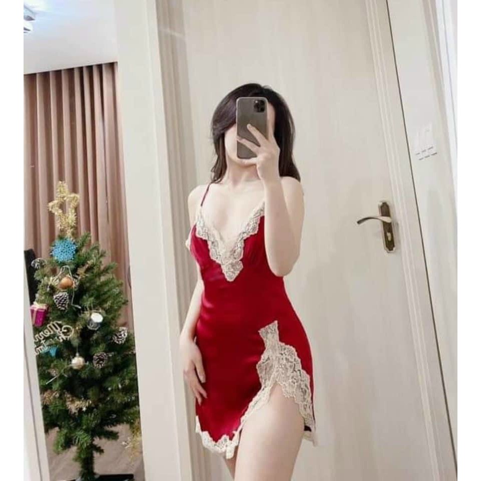 Đồ ngủ sexy / Đầm ngủ xẻ đùi 2 dây phối ren, chất liệu Satin cao cấp, freesize dưới 65kg, kèm quần đùi trơn so cute | BigBuy360 - bigbuy360.vn