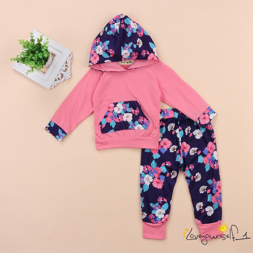 Bộ Áo Tay Dài Có Túi Giữ Ấm 2 Tay Và Nón Hoodie+Quần Dài Thun Họa Tiết Hoa Cho Các Bé Nhỏ Sơ Sinh