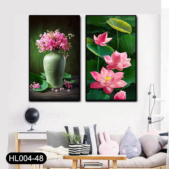 Bộ 2 tranh canvas treo tường hoa sen hồng - 30 x 50 cm x 2 tranh