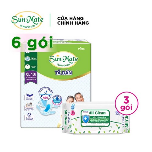 [Tặng 3 gói khăn giấy UniFresh] Combo 6 Tã Dán SUNMATE XL10