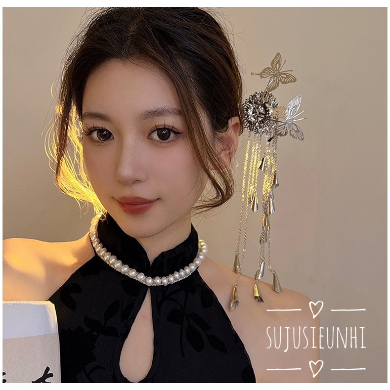 Trâm cài đầu hình bướm và hoa cúc có chuông kêu tua rua thả dài, cài tóc cosplay cổ trang