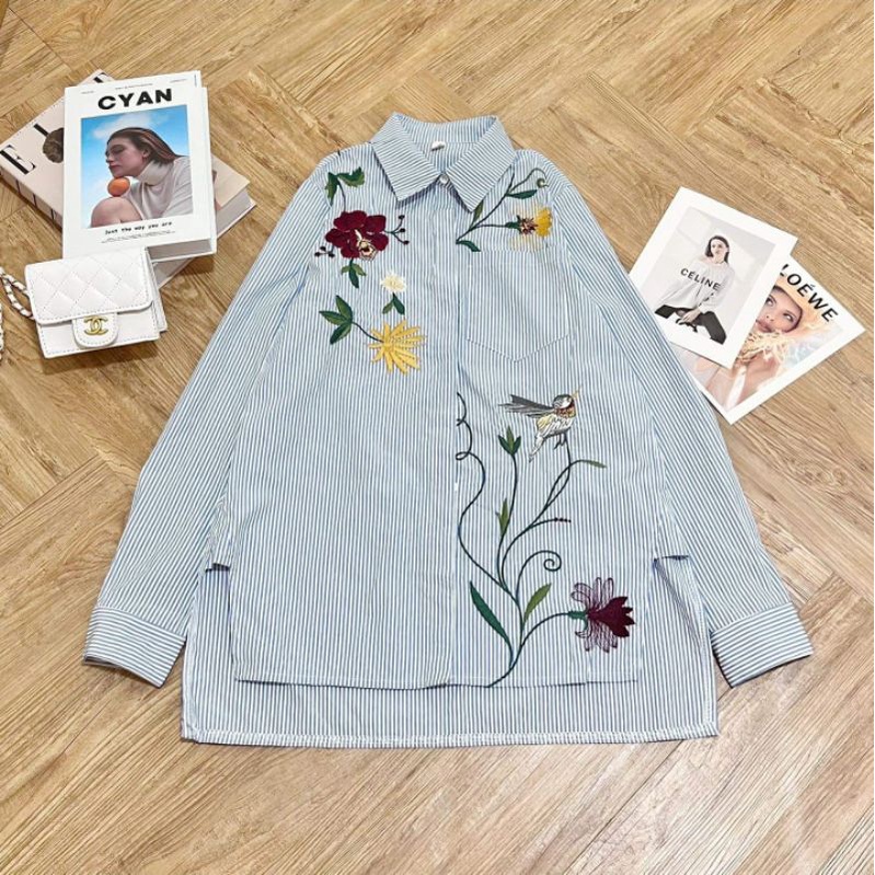 ÁO SƠ MI THÊU HOA SỌC XANH THANH LỊCH CHO NỮ