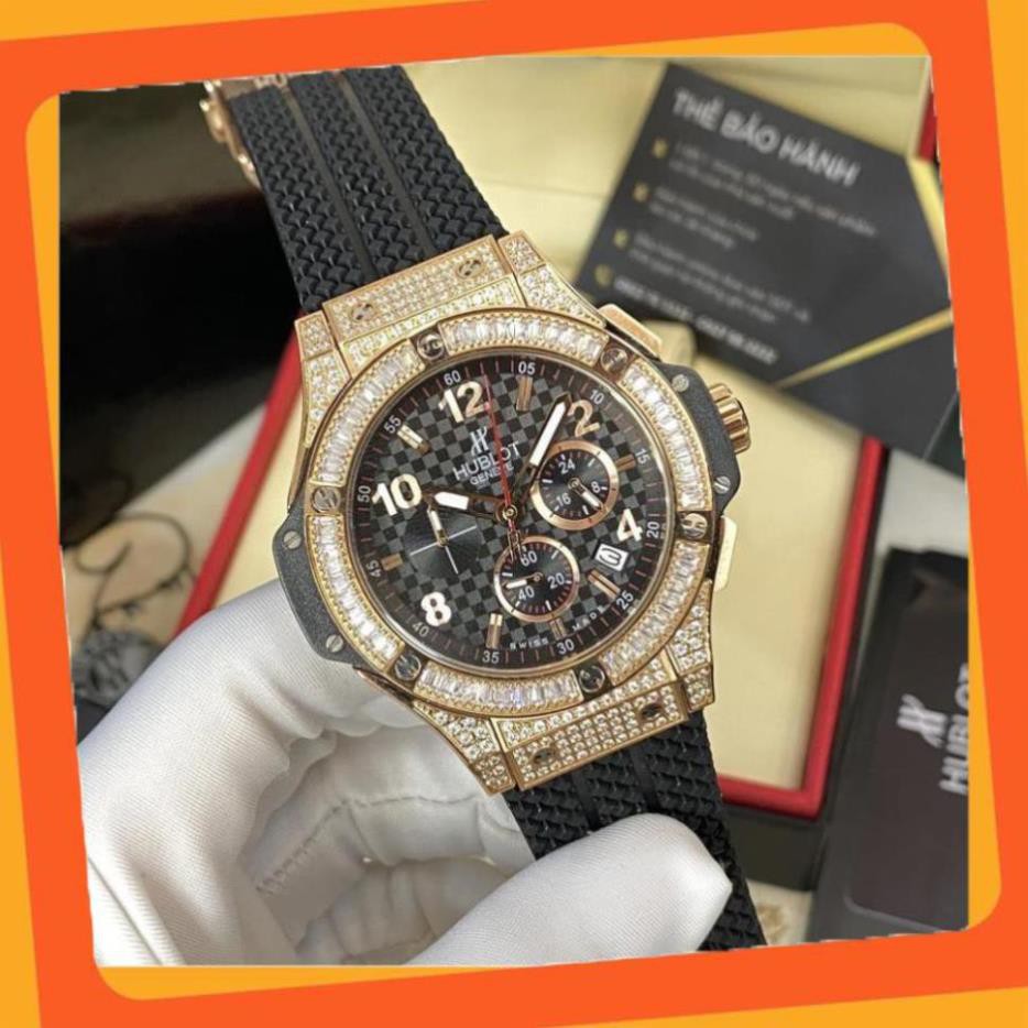 Đồng hồ nam Hublot mặt tròn size 42 đính đá cao cấp dây cao su chống nước DH605