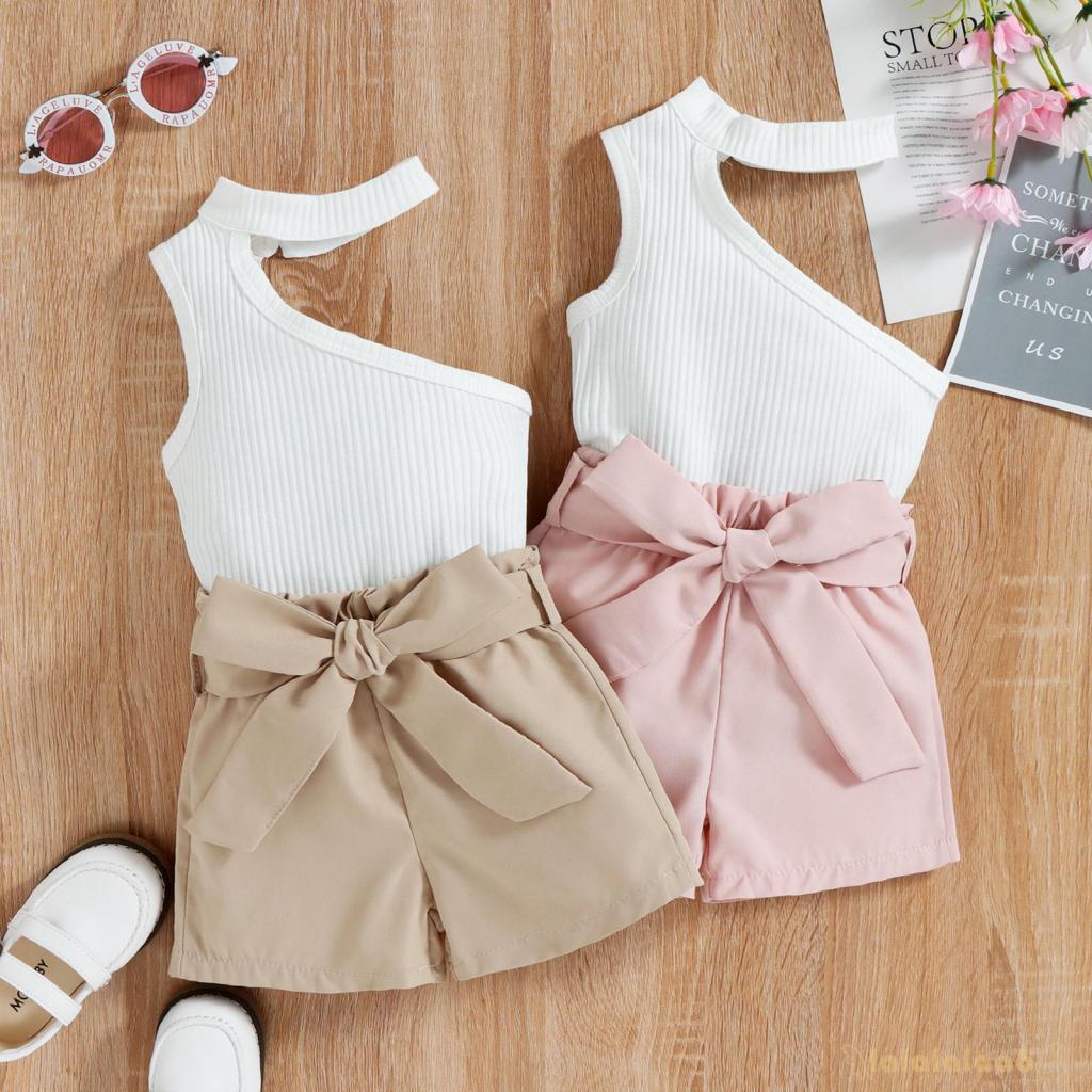 LAA6-Little Girls Three Pieces Clothes Outfit, Halterneck Oblique Shoulder Sleeveless Vest + Shorts + Waist Belt