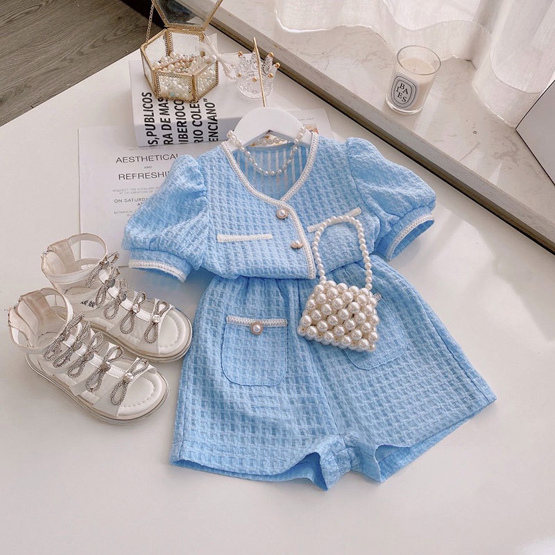 Set áo ngắn tay đính nút ngọc trai giả + quần short phong cách Hàn Quốc thời trang mùa hè dành cho bé gái Bé Gái 2022