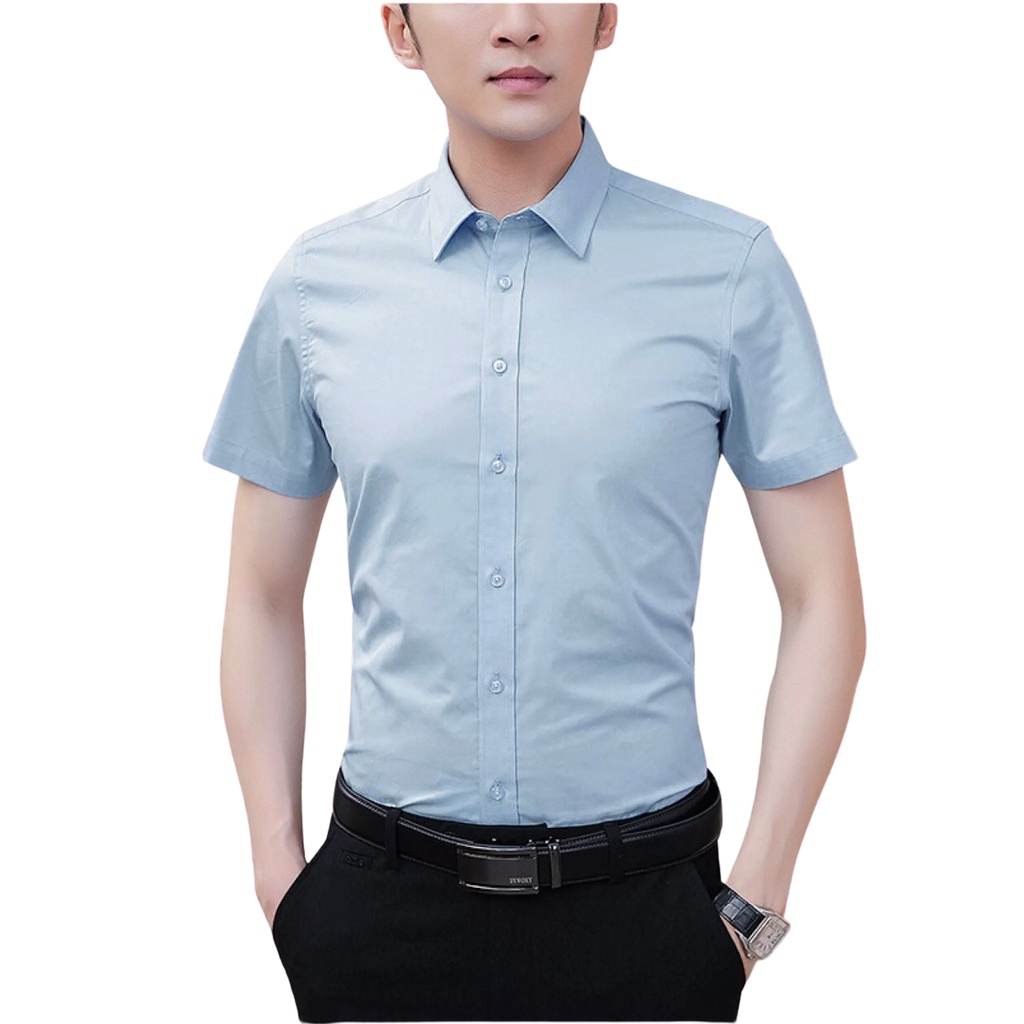 Áo sơ mi ngắn tay màu xanh lam mẫu mới nhất vải mềm mịn chống nhăn phong cách Hàn Quốc