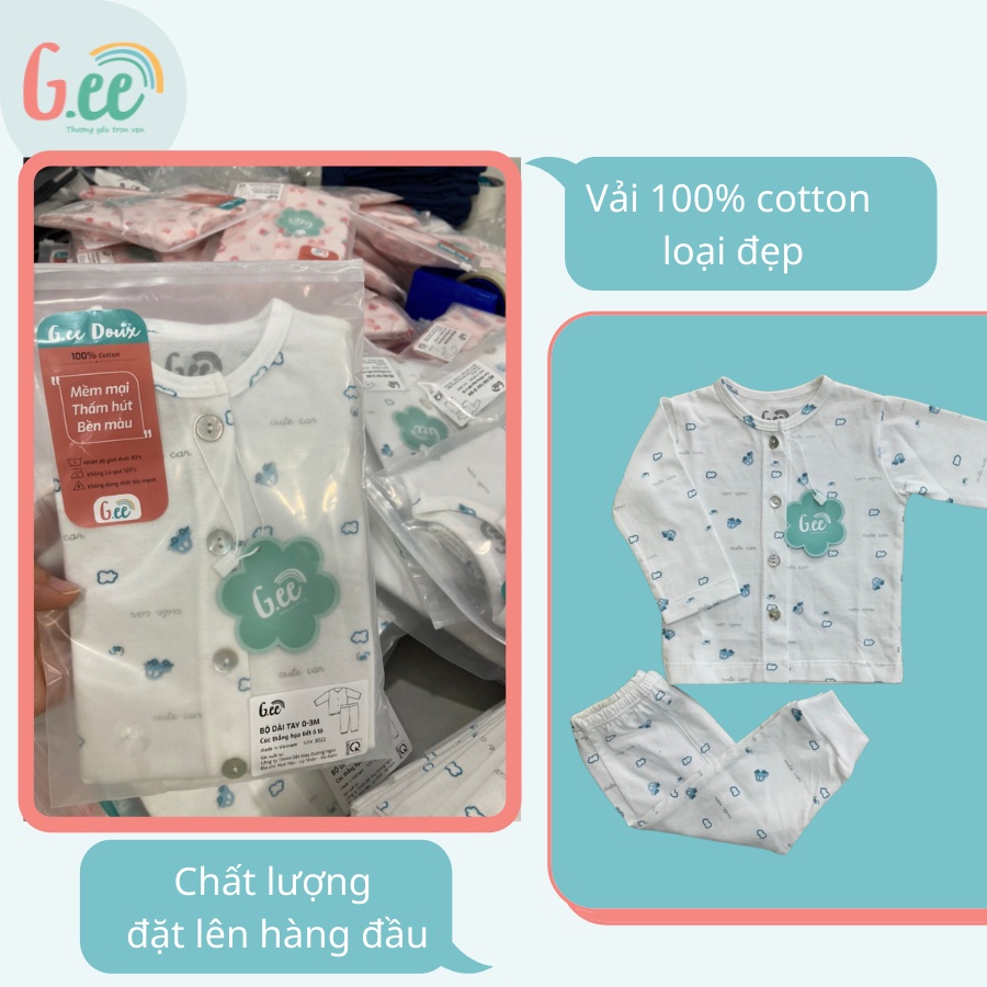 Bộ sơ sinh dài tay cài thẳng Gee, cho bé gái, bé trai chất liệu 100% cotton mềm mại, hoạ tiết ô tô