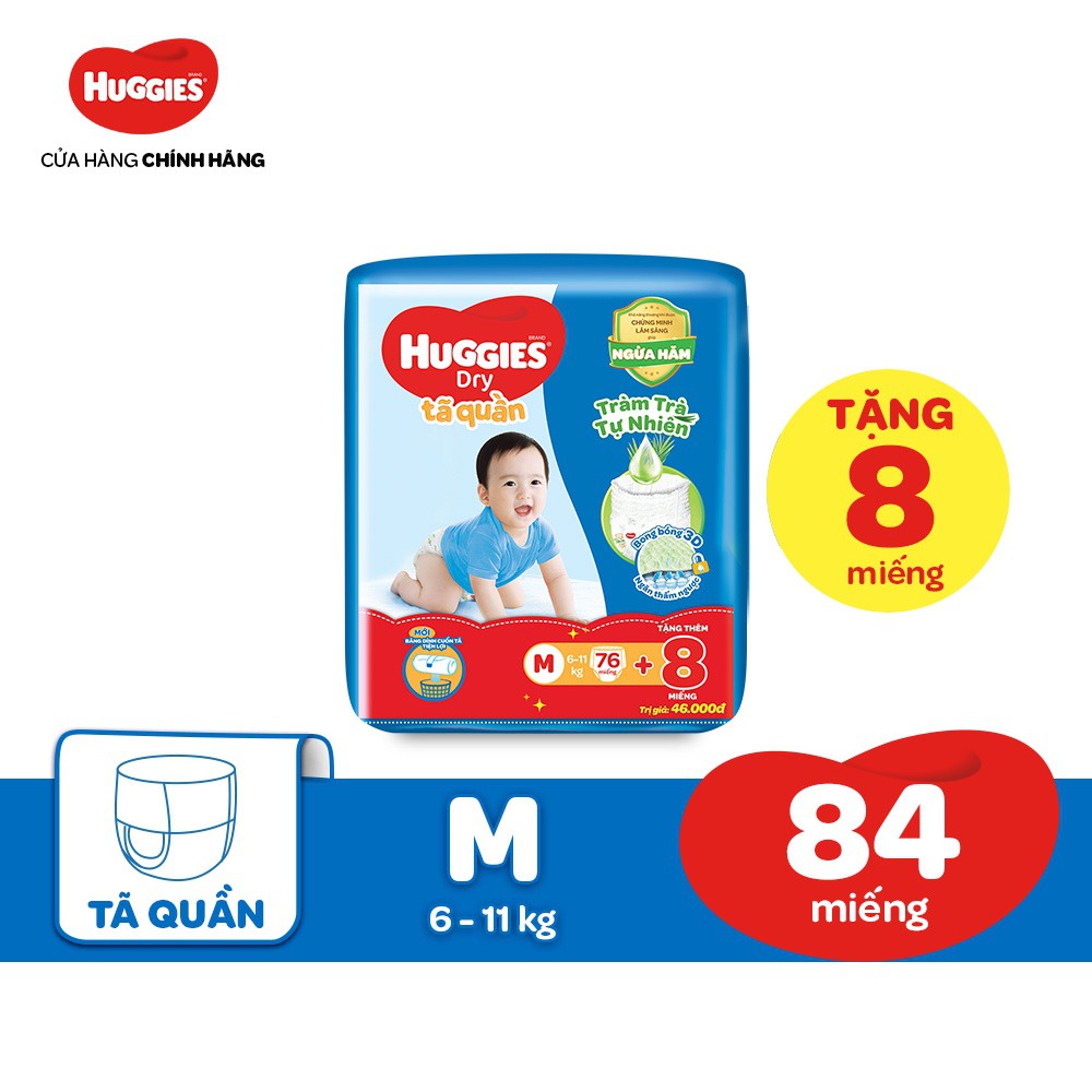 [HUGMAR33B-10% max 60k đơn 400k] Combo 3 Tã Quần Huggies Tràm Trà Tự Nhiên Dry M76/L68/XL60/XXL54 + Tặng 8 miếng