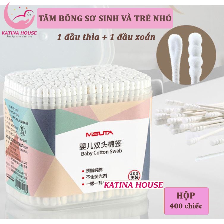 Tăm bông cho bé sơ sinh và trẻ nhỏ Misuta, bông tự nhiên an toàn lành tính (hộp 400 que)