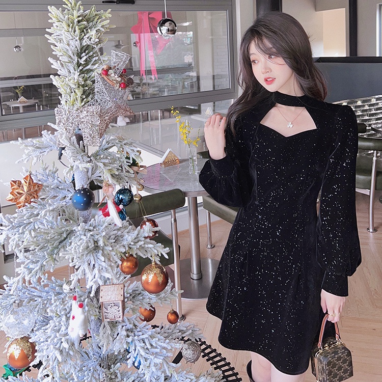 Đầm nhung Perty dáng ngắn phối dây kéo đính kim tuyến lấp lánh thời trang quyến rũ cho nữ