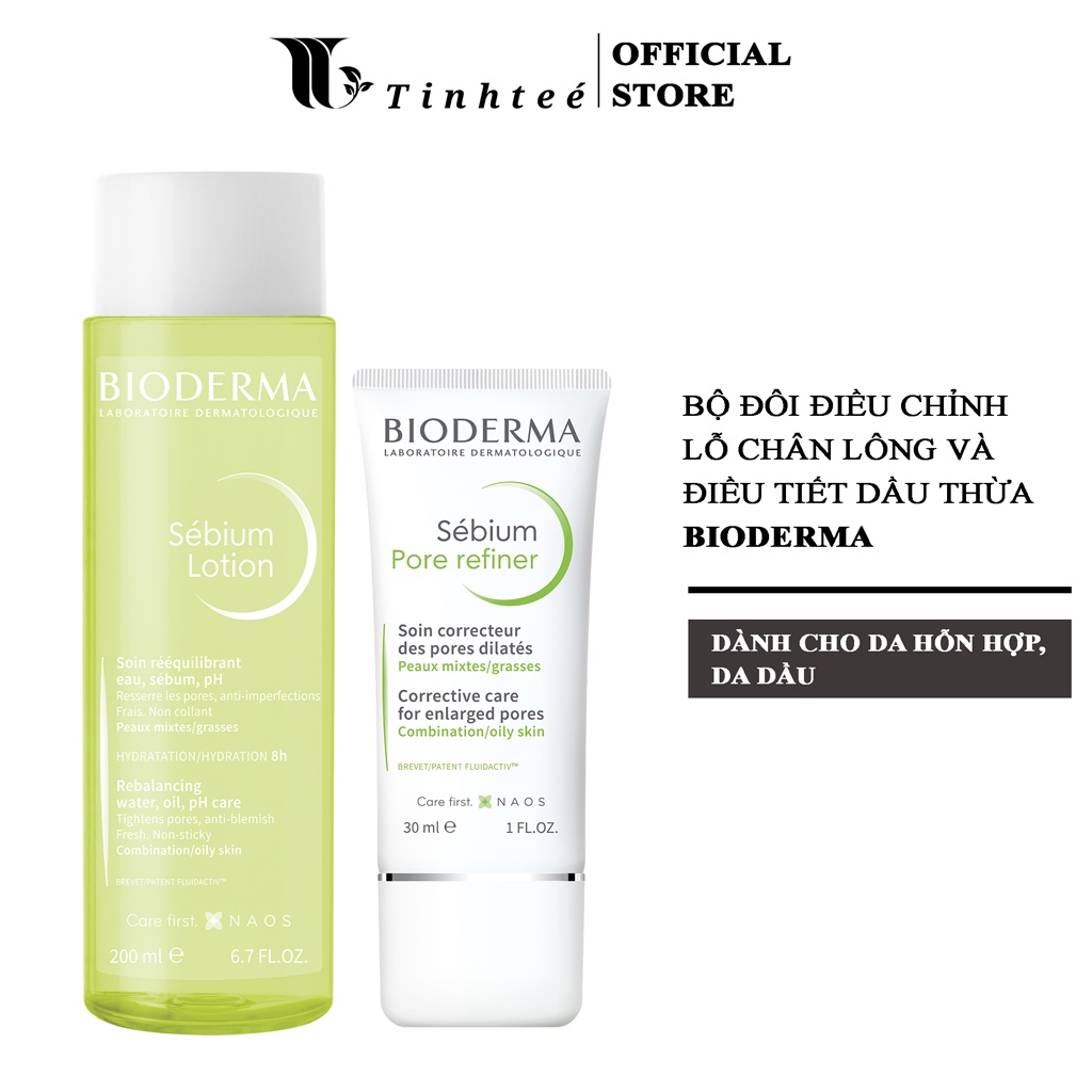 Bộ đôi nước cân bằng cho da hỗn hợp, da dầu Bioderma Sebium Lotion 200ml và Kem dưỡng se nhỏ lỗ chân lông 30ml