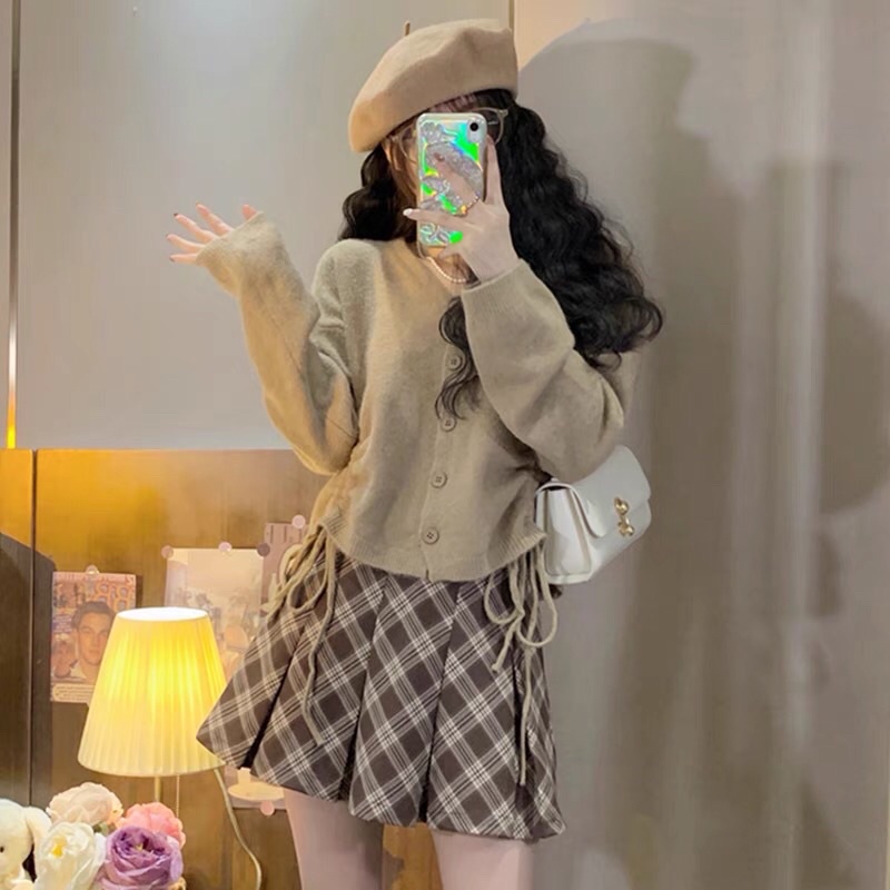 Order set váy nâu kiểu dáng hàn quốc. Chân váy tenins siêu hot