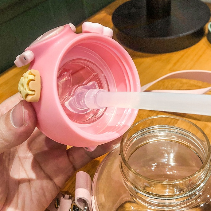 bình nước cute ly thủy tinh có nắp bình giữ nhiệt băng keo thể thao 700ML Họa Tiết Hoạt Hình Có Ống Hút Cho Bé