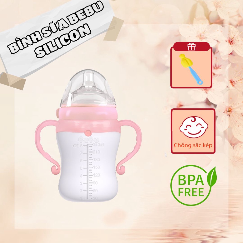 (240ml) Bình Sữa BEBU Silicon Kháng Khuẩn Không BPA An Toàn Cho Bé Chứng Nhận Bởi FDA Hoa Kỳ Và Bộ Y Tế