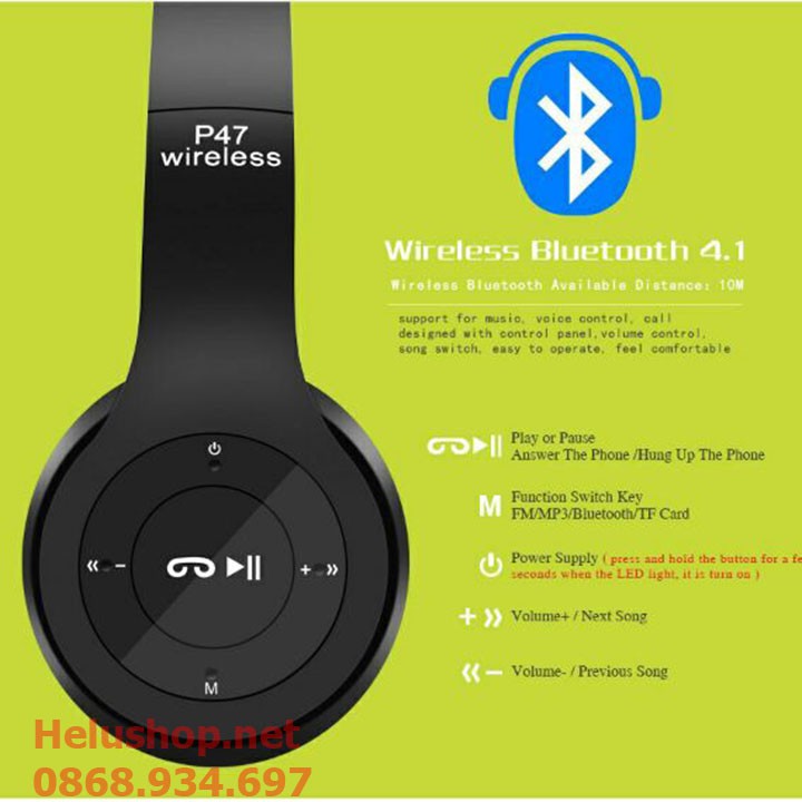 Tai nghe Bluetooth không dây chụp tai cao cấp có khe thẻ nhớ Bluetooth P47  Có mic,khe cắm thẻ nhớ,FM