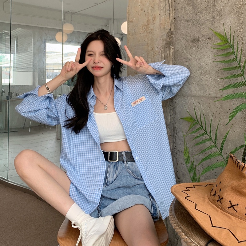 【ZHELIHANGFEI】Áo Sơ Mi Caro Tay Dài Dáng Rộng Thời Trang Cho Nữ