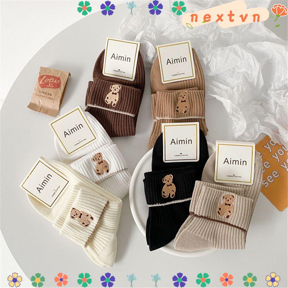 Đôi tất cổ cao ngang mắt cá chân thêu họa tiết gấu hoạt hình màu trơn dễ thương thời trang NEXTSHOP