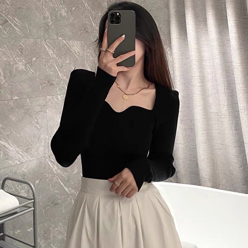Áo kiểu thun croptop nữ tay dài phong cách tiểu thư