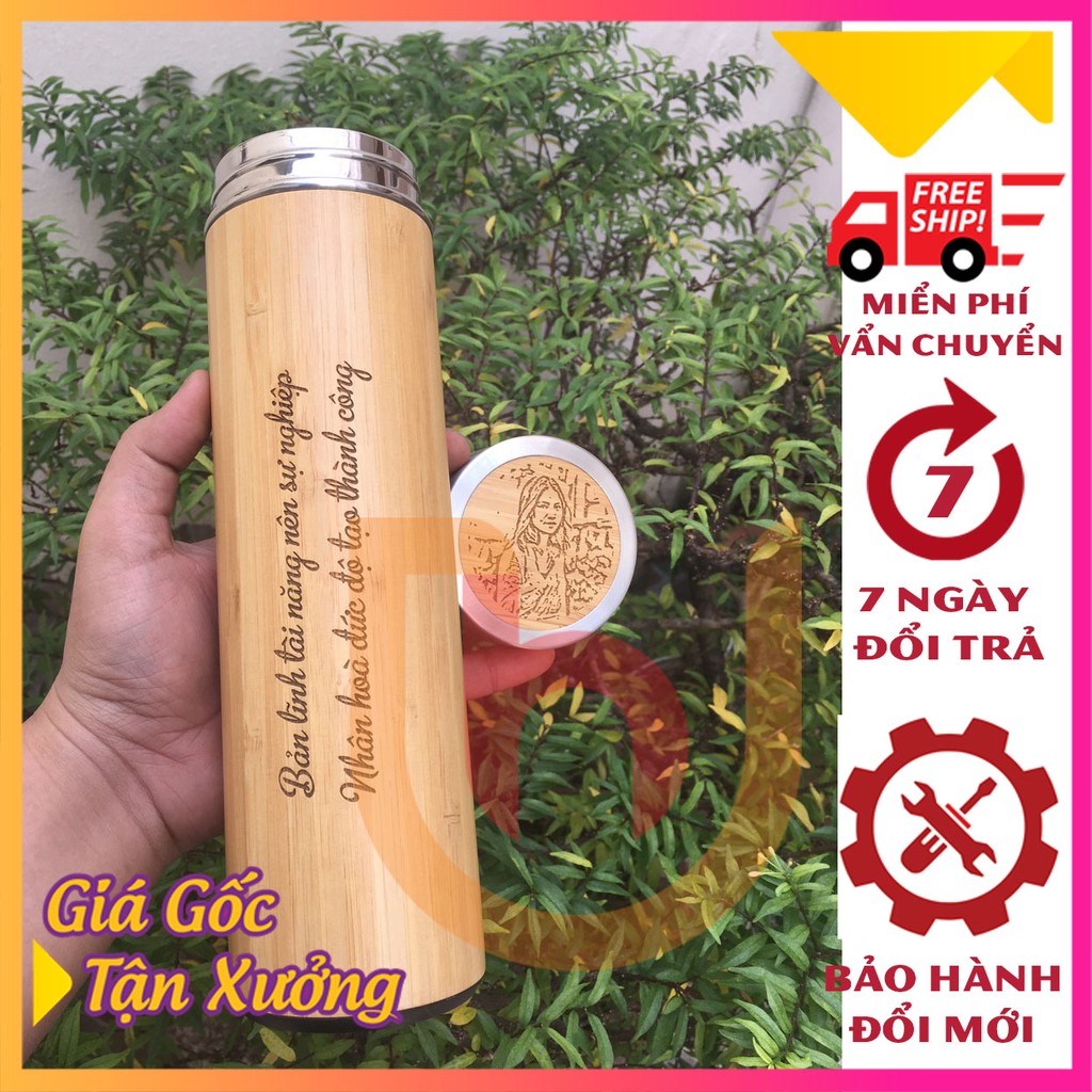 Bình giữ nhiệt vỏ gỗ 450ml khắc hình – khắc tên – khắc logo theo yêu cầu