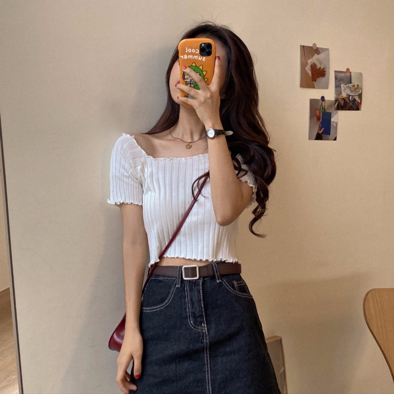 Áo dệt kim Croptop Kiểu Dệt Kim Ngắn Tay Ulzzang Sexy Phong Cách Hàn Quốc Xiaozhainv vn K4T3-1
