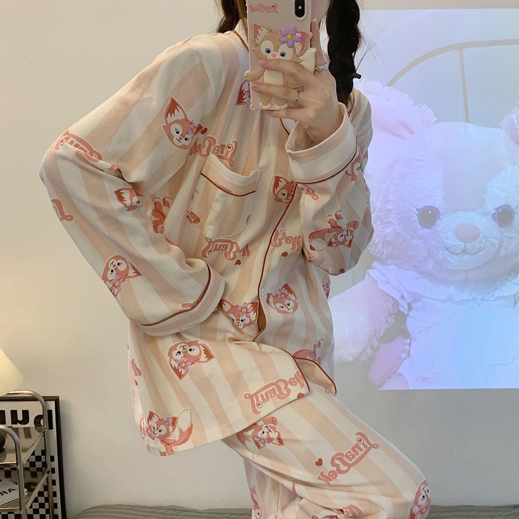 Bộ Đồ Ngủ Tay Dài In Hoạt Hình Lingna Belle Dễ Thương Thời Trang Thu Đông Cho Nữ
