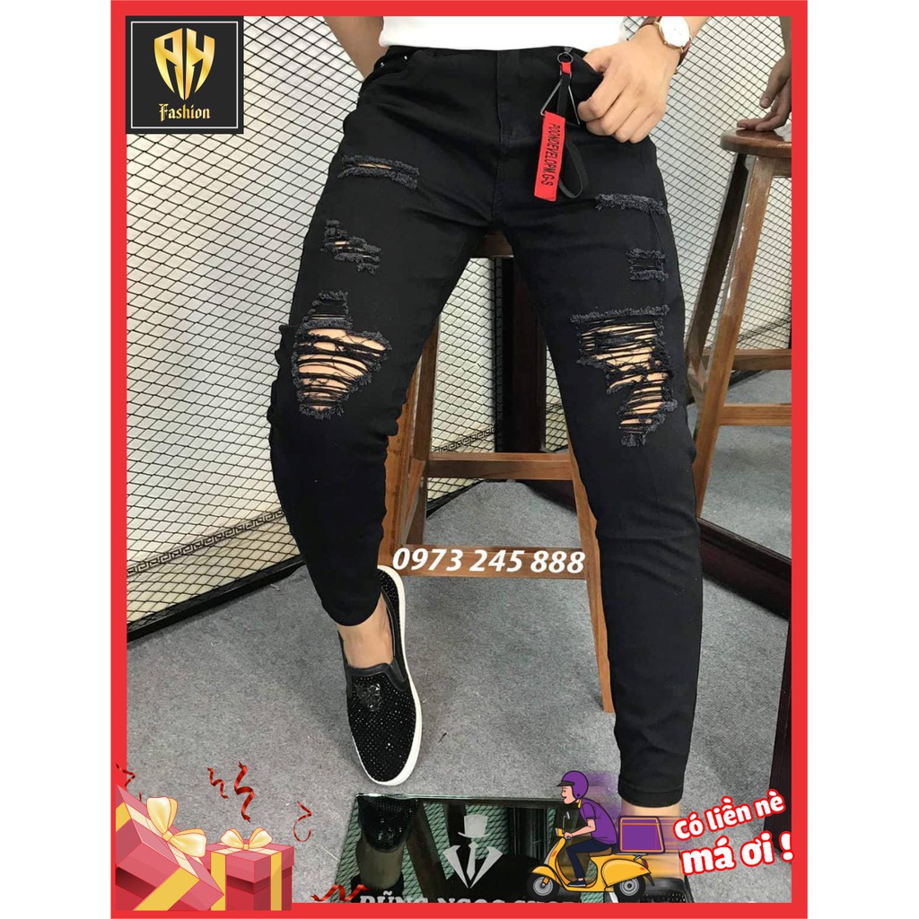 Quần jean nam đen chất bò rách gối cao cấp co giãn 2 màu giá rẻ mẫu mới nhất AHFASHION | BigBuy360 - bigbuy360.vn