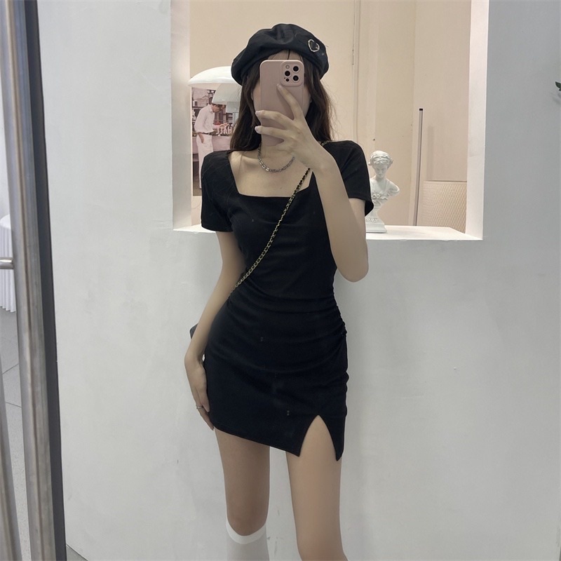 Đầm Body Xẻ Tà Cổ Vuông- Váy Body Xẻ Tà Chất Thun Gân size SML