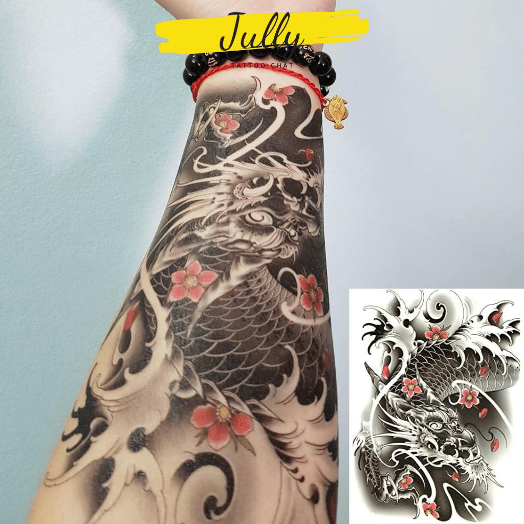 Hình xăm dán, xăm tạm thời chống nước hình cá chép hóa rồng JULLY Tattoo chất, an toàn, bền đẹp, kích thước 15x21 cm