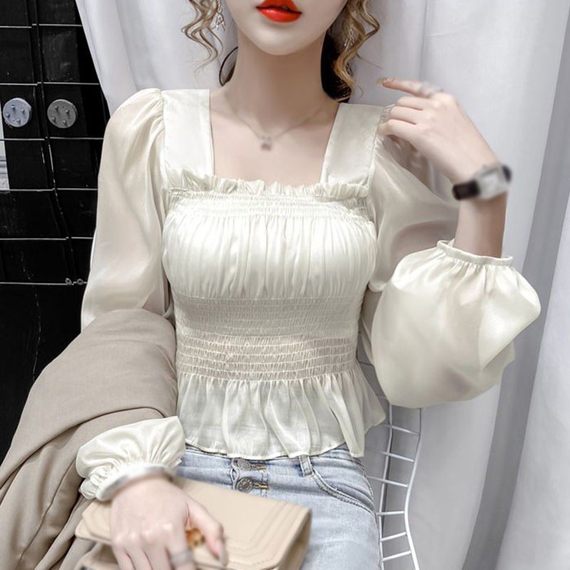 Áo Kiểu Chất Chiffon Tay Ngắn Thiết Kế Cổ Vuông Thanh Lịch